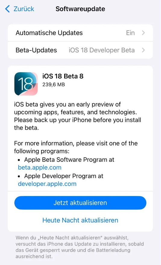 左权苹果手机维修分享苹果 iOS / iPadOS 18 开发者预览版 Beta 8 发布 